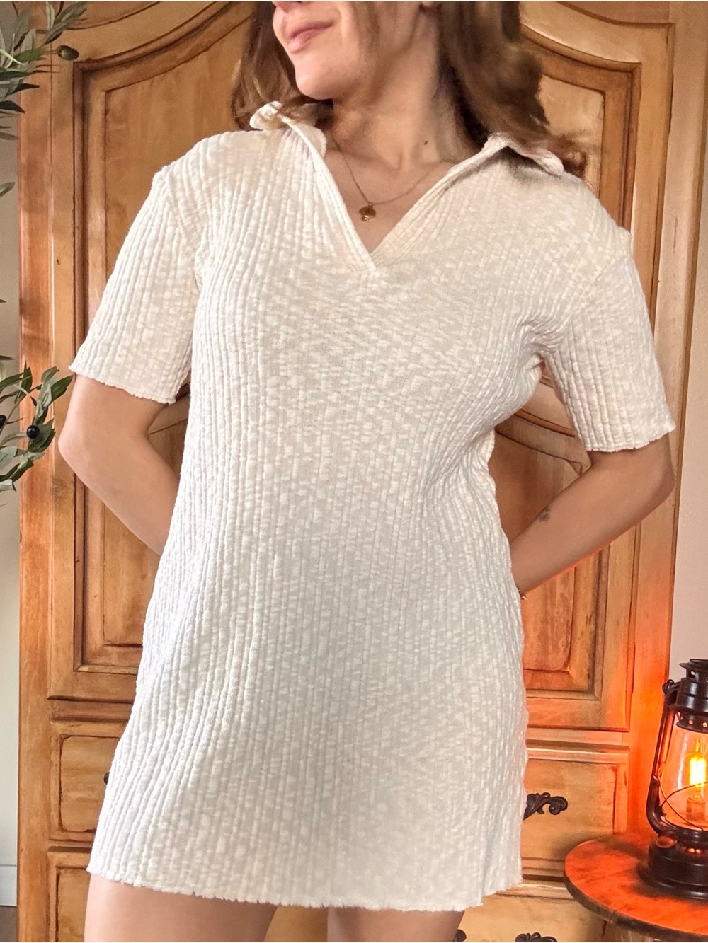H&M Cream Ribbed Short-Sleeve Polo mini dress